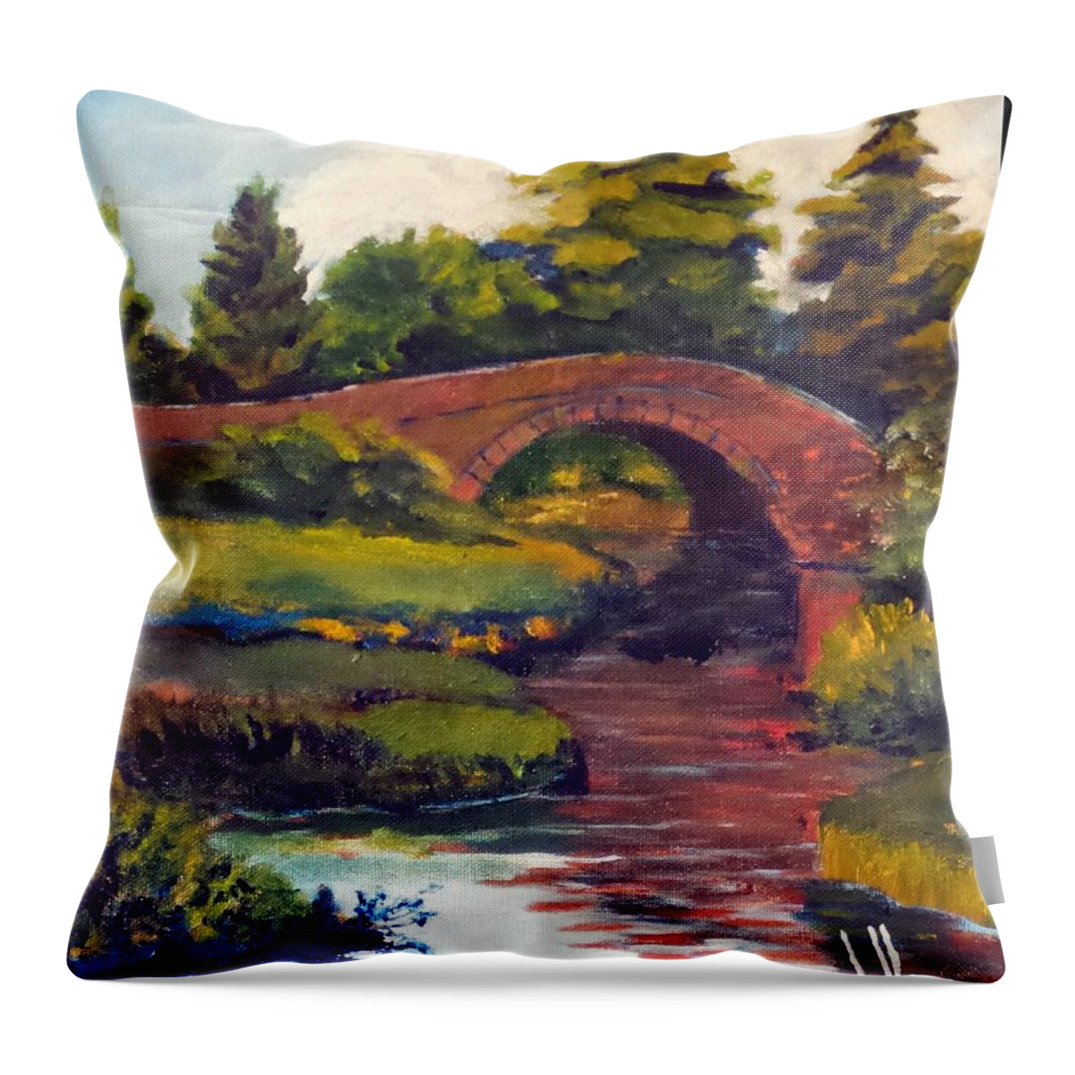 Bridge Throw Pillow featuring the painting Old Red Stone Bridge by Jim Phillips