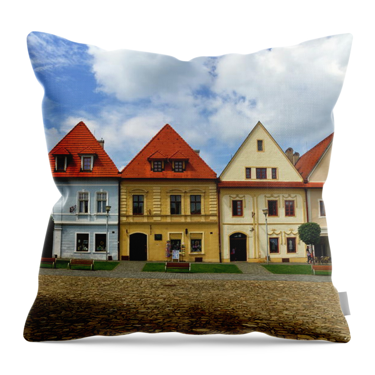 Town Throw Pillow featuring the photograph Old town houses in Bardejov, Slovakia by Elenarts - Elena Duvernay photo