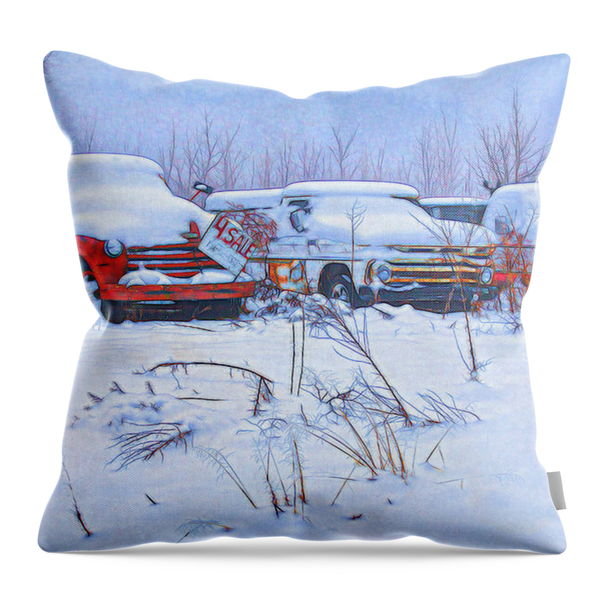Truck Throw Pillow featuring the photograph Old Trucks in Snow by Anna Louise