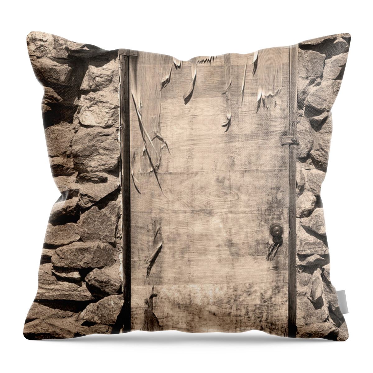 Vertical Throw Pillow featuring the photograph Old Wood Door and Stone - Vertical Sepia BW by James BO Insogna