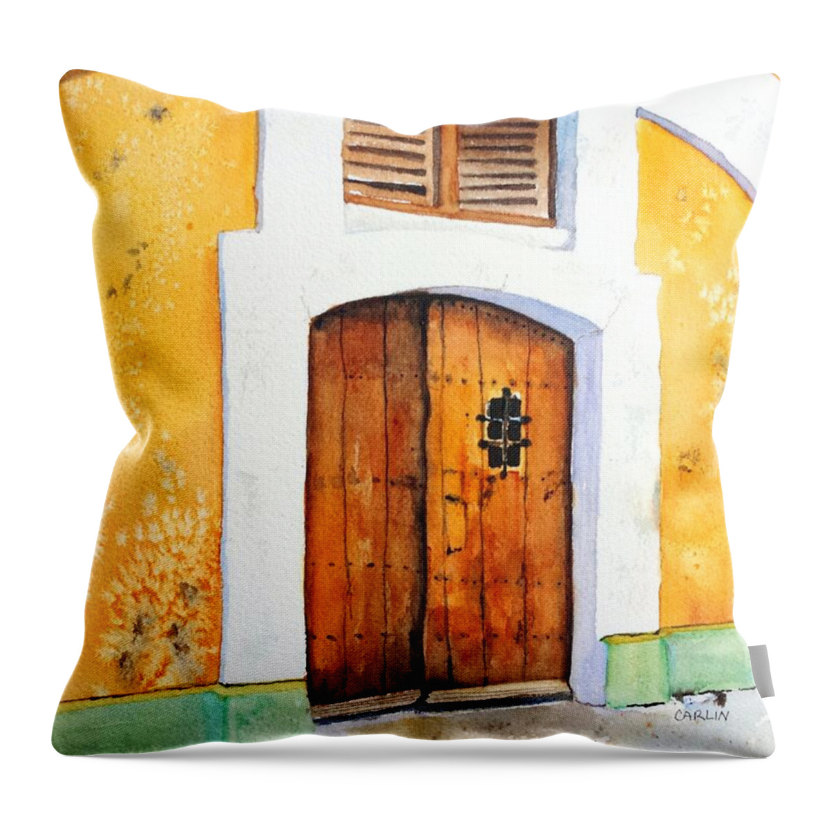 Door Throw Pillow featuring the painting Old Wood Door Arch and Shutters by Carlin Blahnik CarlinArtWatercolor