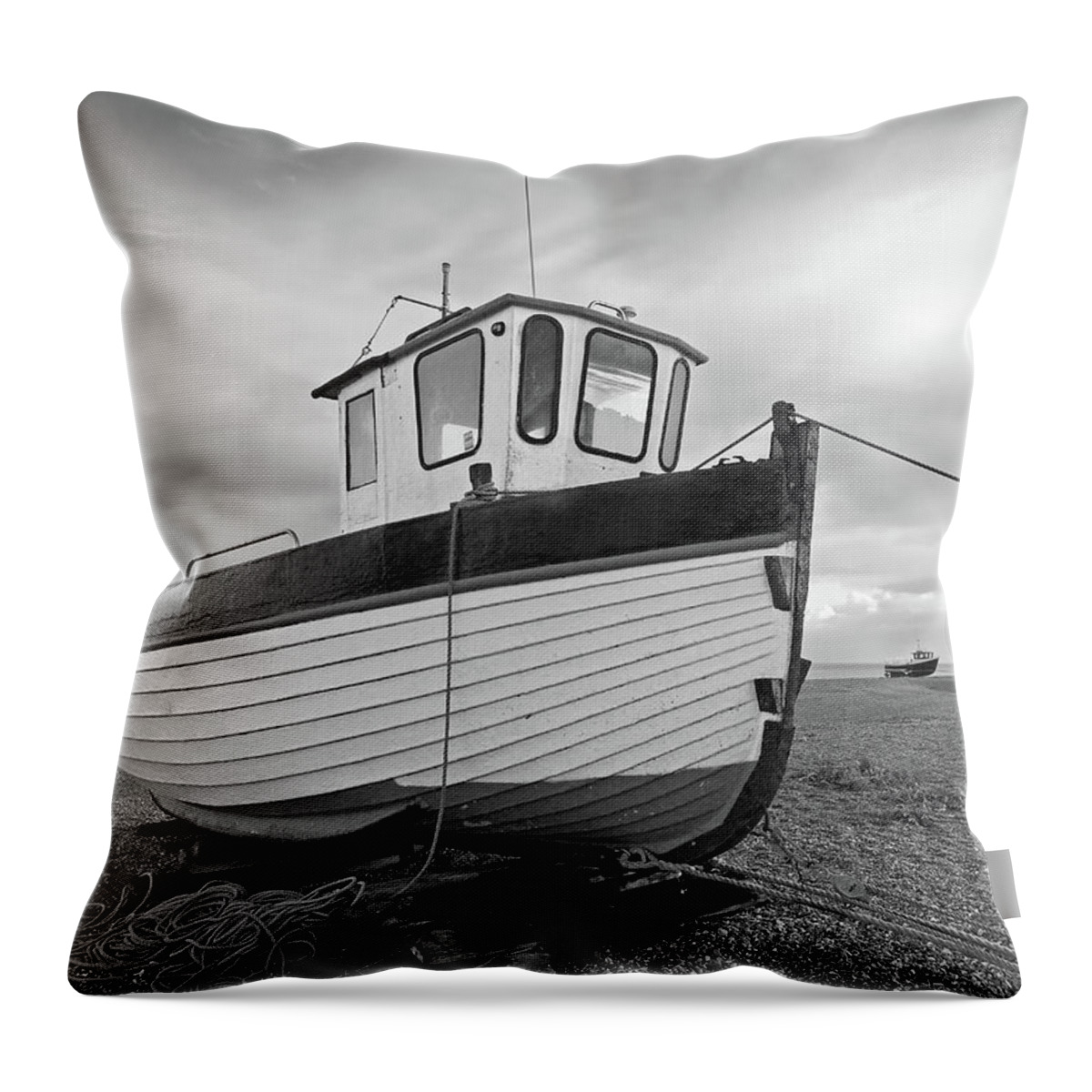 Old Fishing Boat Throw Pillow featuring the photograph Old Wooden Fishing Boat in Black and White by Gill Billington
