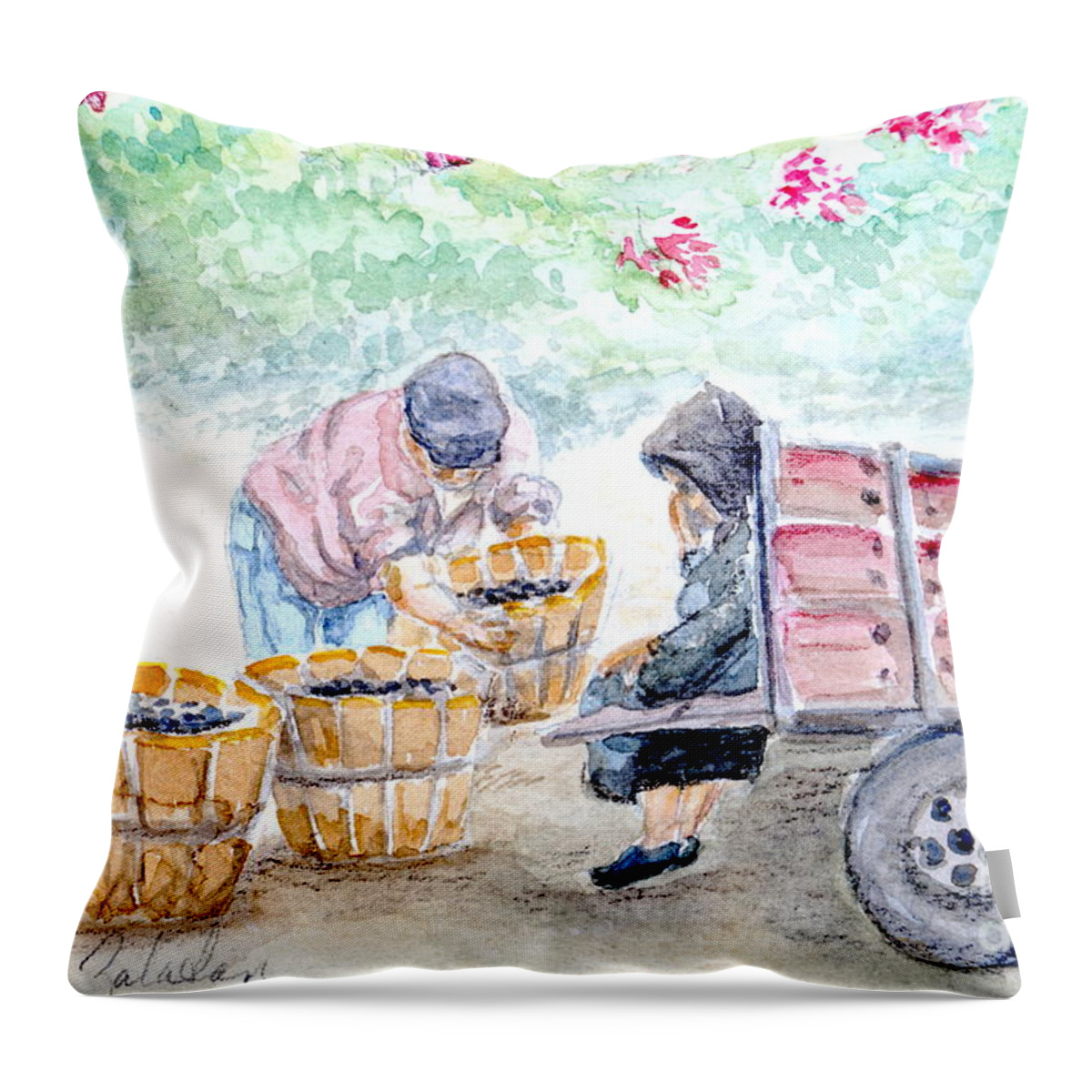 Harvest Throw Pillow featuring the painting Olive Pickers by Marilyn Zalatan