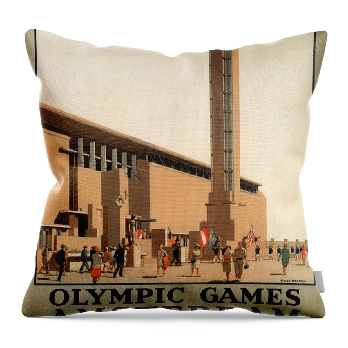 Olympic Games Throw Pillow featuring the mixed media Olympic Games, Amsterdam, Netherlands - Travel Via Harwich - Retro travel Poster - Vintage Poster by Studio Grafiikka