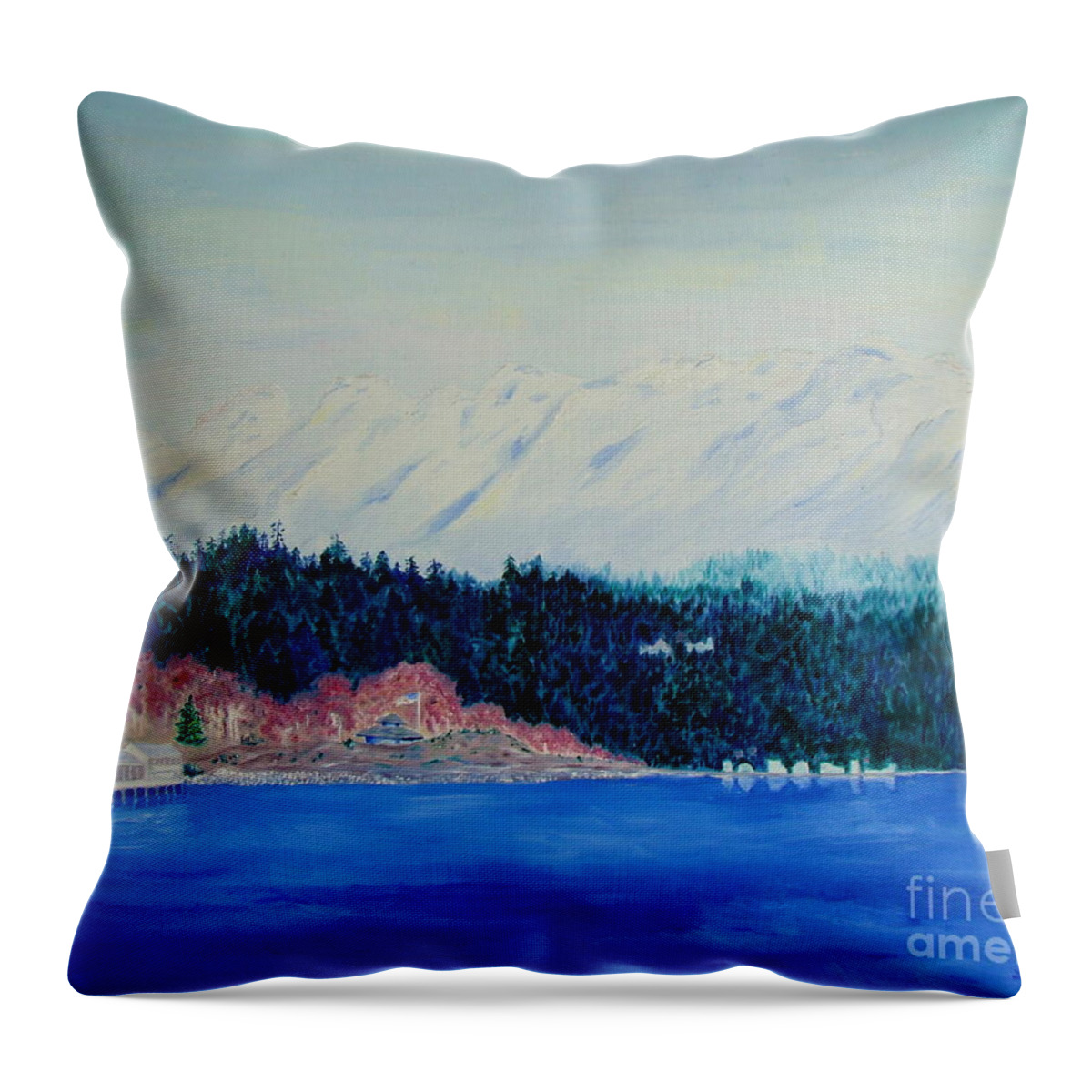 Mountains Throw Pillow featuring the painting Olympic Mt and Pugent Sound by Lisa Rose Musselwhite