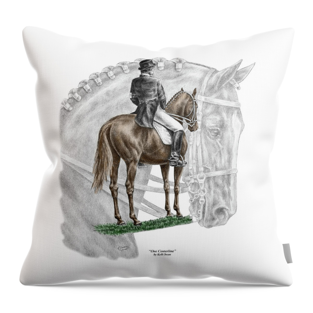 Dressage Throw Pillow featuring the drawing On Centerline - Dressage Horse Print color tinted by Kelli Swan