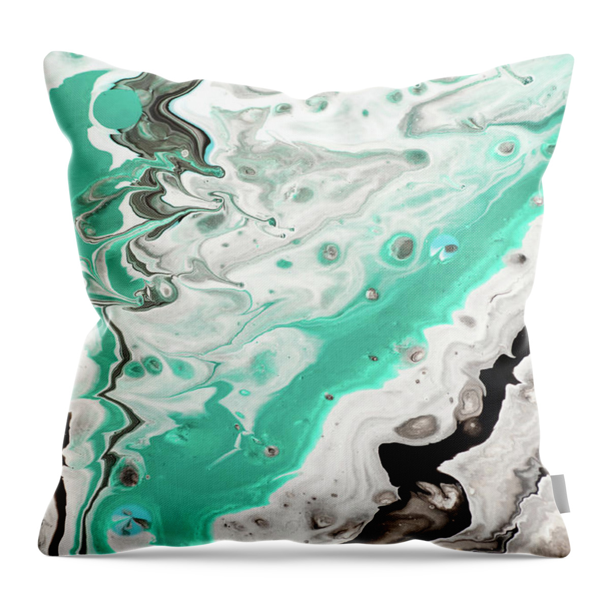 Jenny Rainbow Fine Art Photography Throw Pillow featuring the photograph On Emerald Waves Fragment 1. Abstract Fluid Acrylic Painting by Jenny Rainbow
