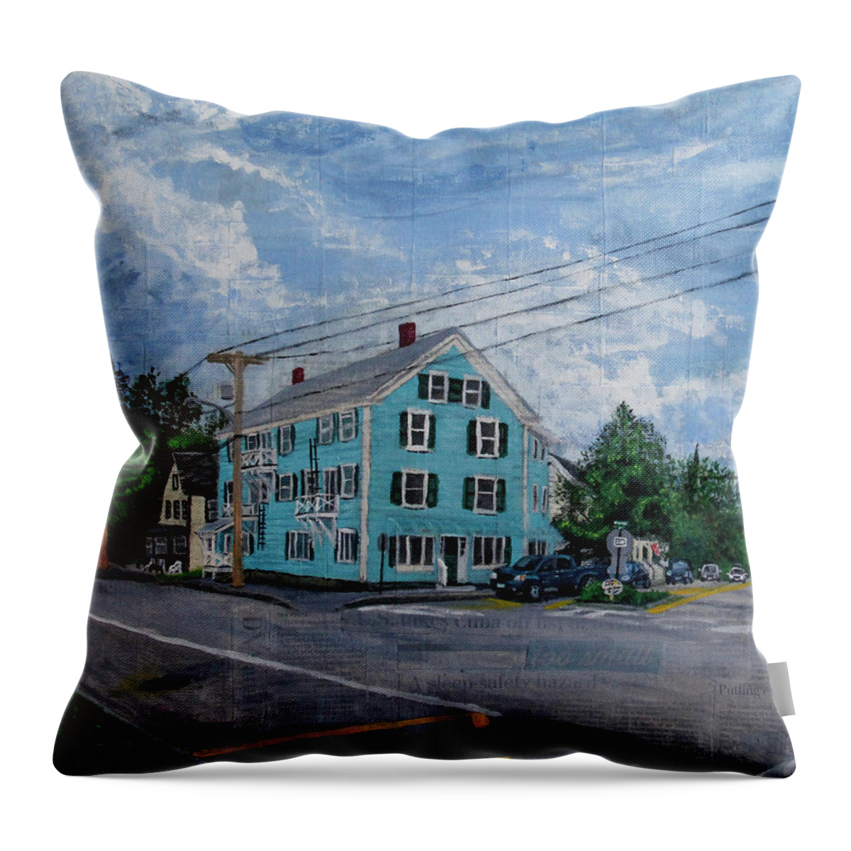 Blue Throw Pillow featuring the painting On the Corner of Church and Main by Marina McLain
