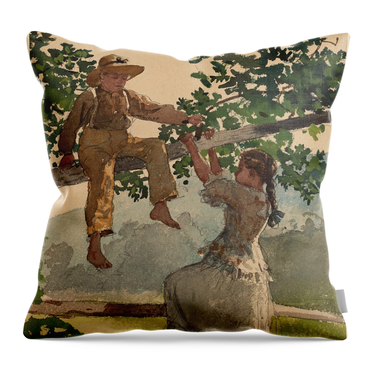Winslow Homer Throw Pillow featuring the painting On the Fence #2 by Winslow Homer