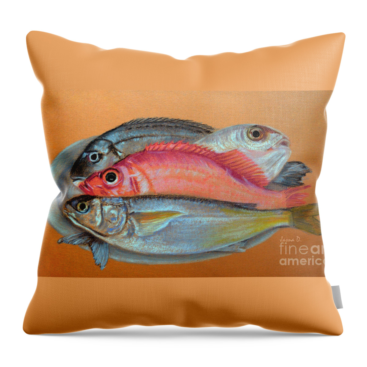 Fish Throw Pillow featuring the painting On The Platter by Jasna Dragun