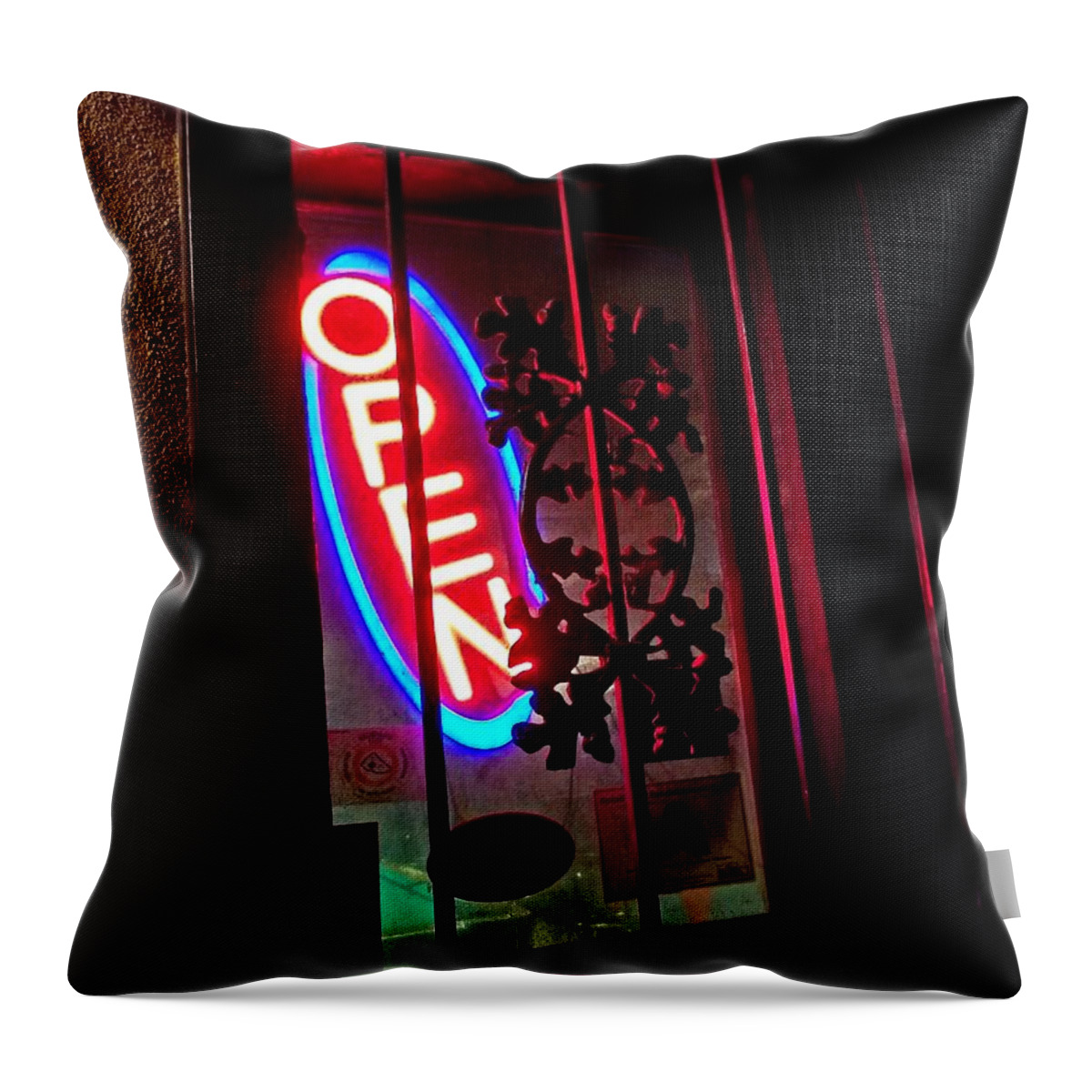 Neon Sign Throw Pillow featuring the photograph Open by Amy Regenbogen