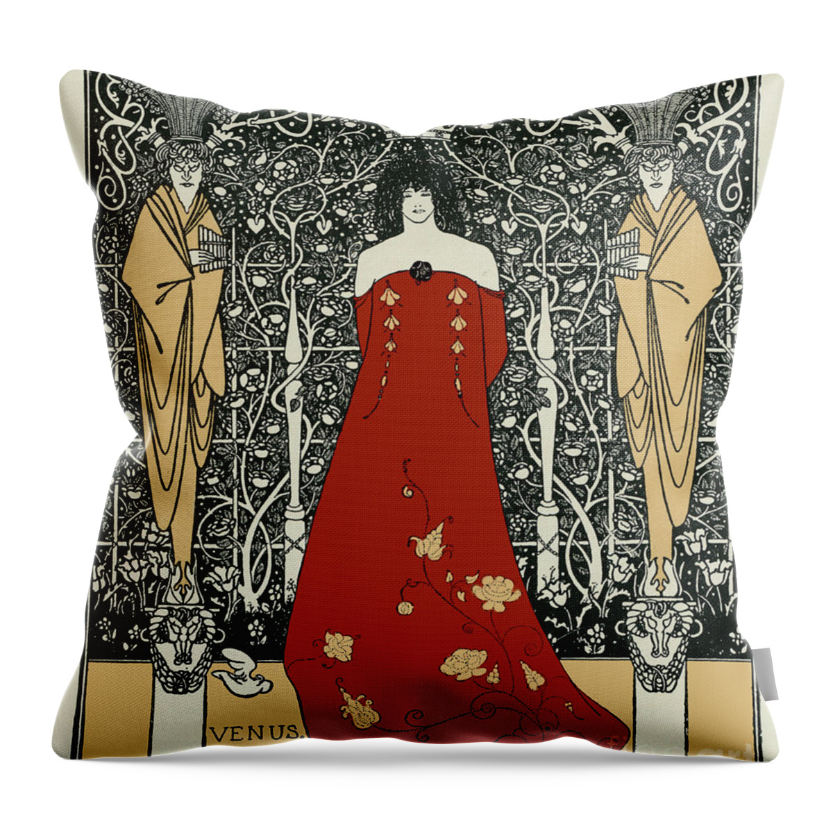 Aubrey Beardsley Throw Pillow featuring the drawing Opening Act of Venus and Tannhauser by Aubrey Beardsley