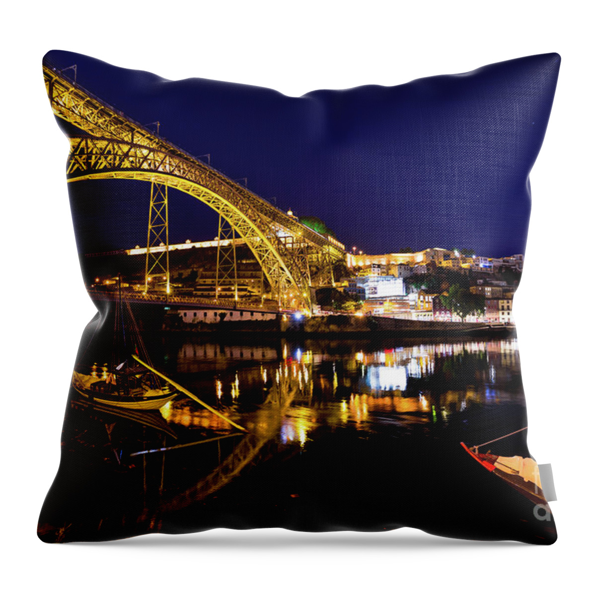 Oporto Throw Pillow featuring the photograph Oporto bridge by night by Benny Marty