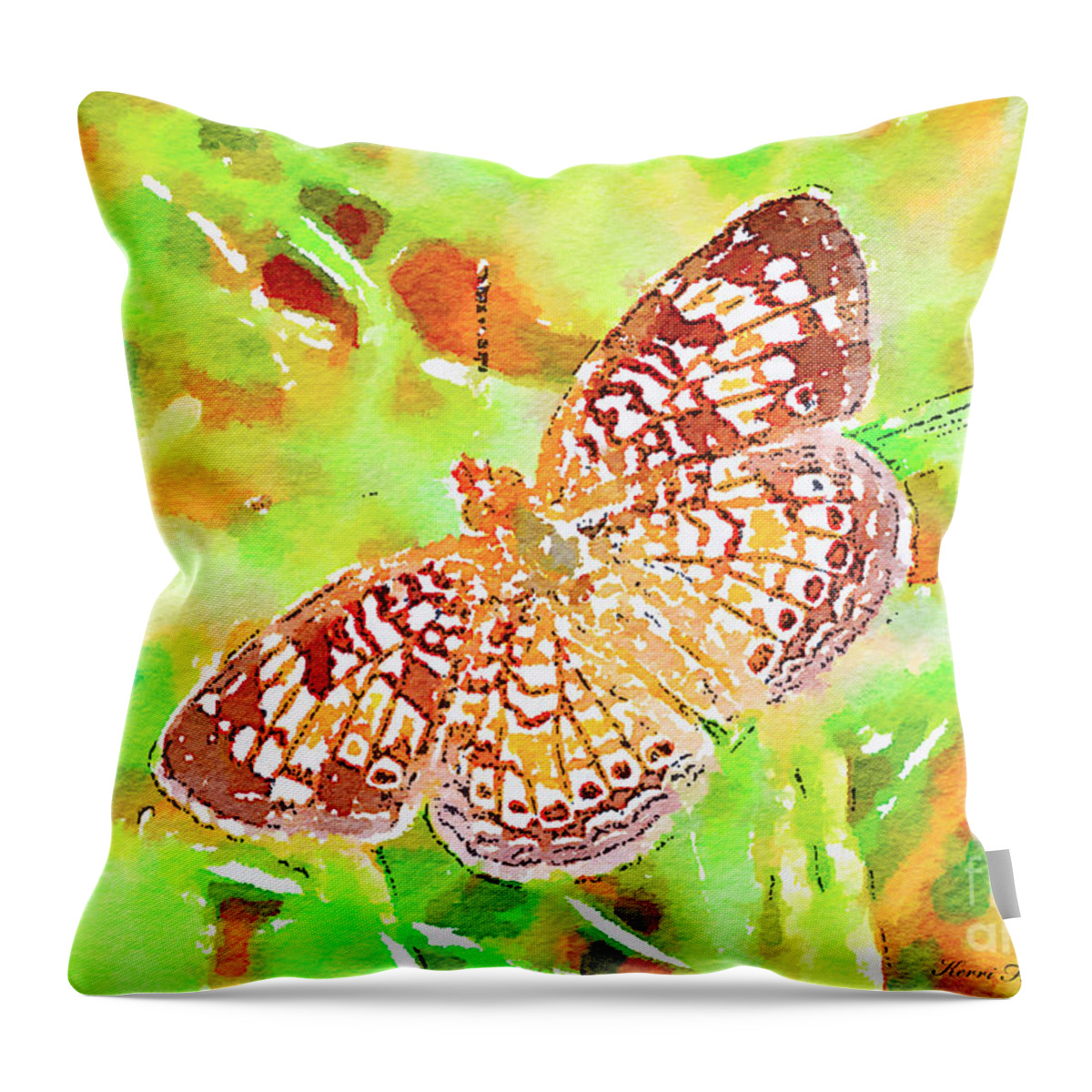 Digital Watercolor Throw Pillow featuring the photograph Orange Butterfly - Digital Watercolor by Kerri Farley