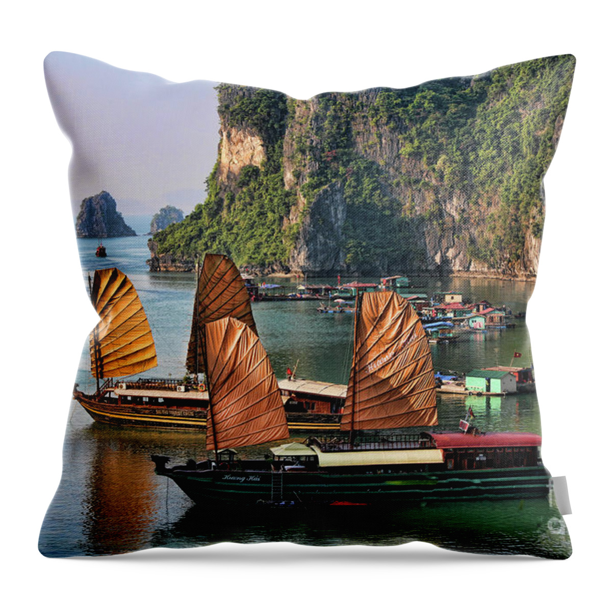 Vietnam Throw Pillow featuring the photograph Orange Sails Asian Cruise Vietnam by Chuck Kuhn