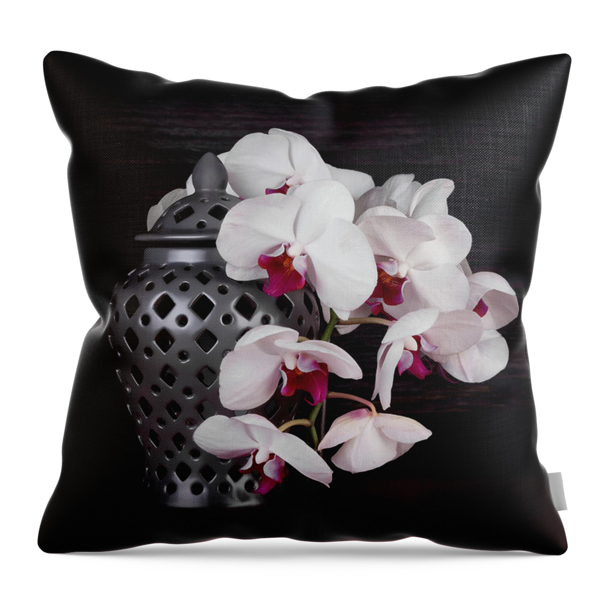 Flower Throw Pillow featuring the photograph Orchids with Gray Ginger Jar by Tom Mc Nemar