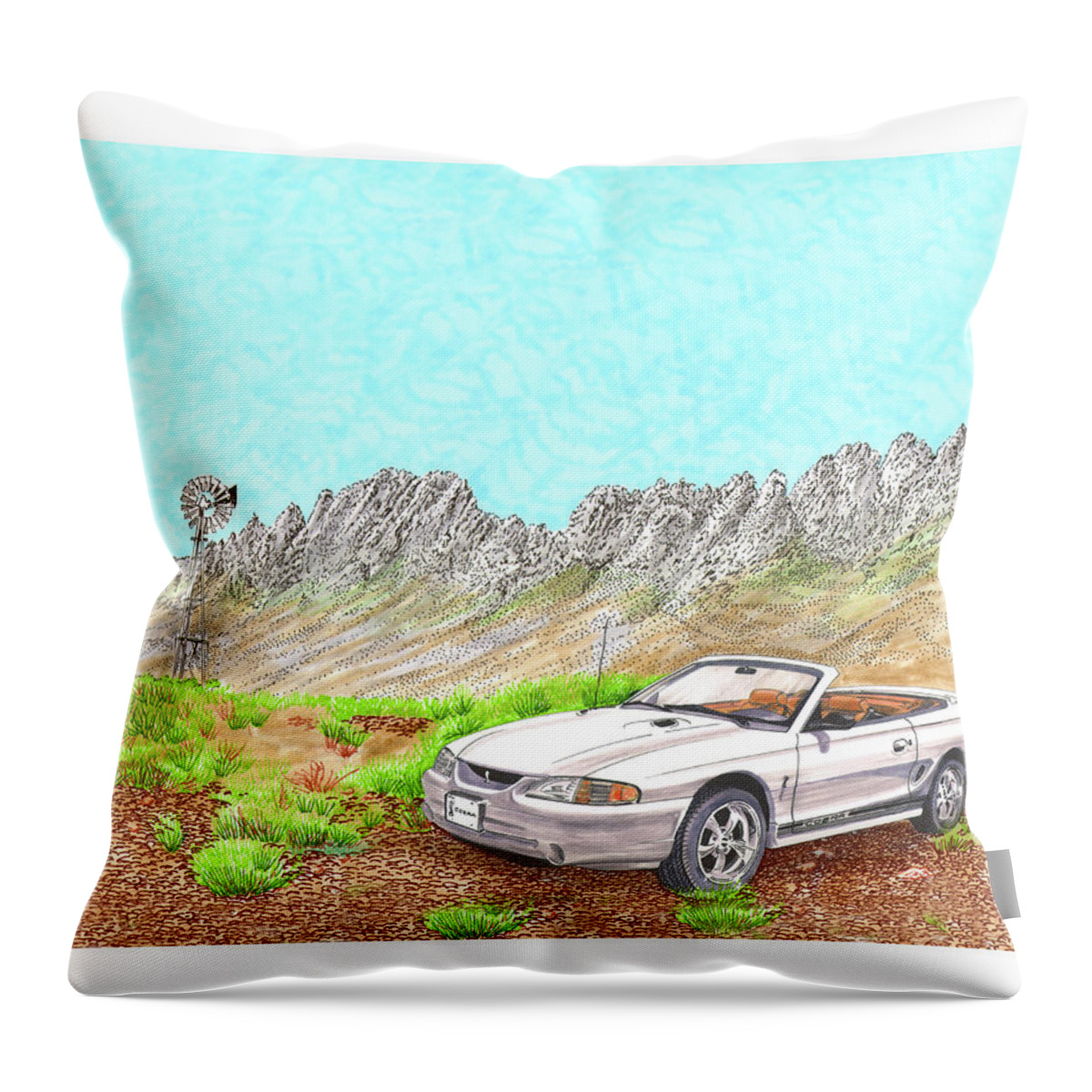 1997 Ford Svt Mustang Cobra Throw Pillow featuring the painting Organ Mountain Mustang by Jack Pumphrey