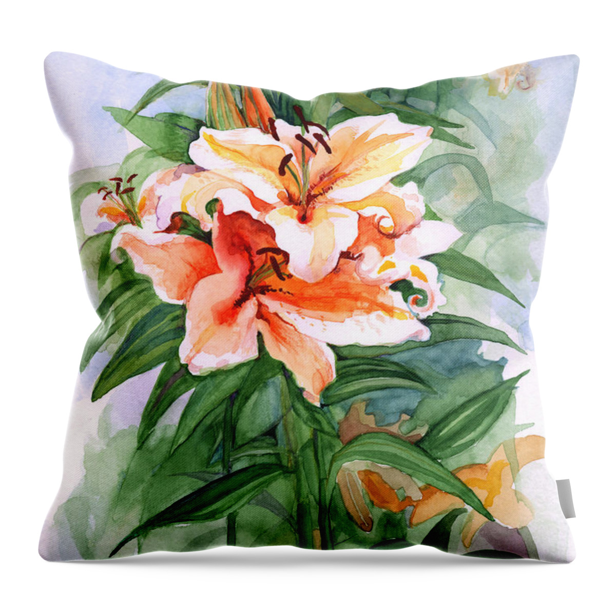 Lily Throw Pillow featuring the painting Oriental lilies by Nancy Watson