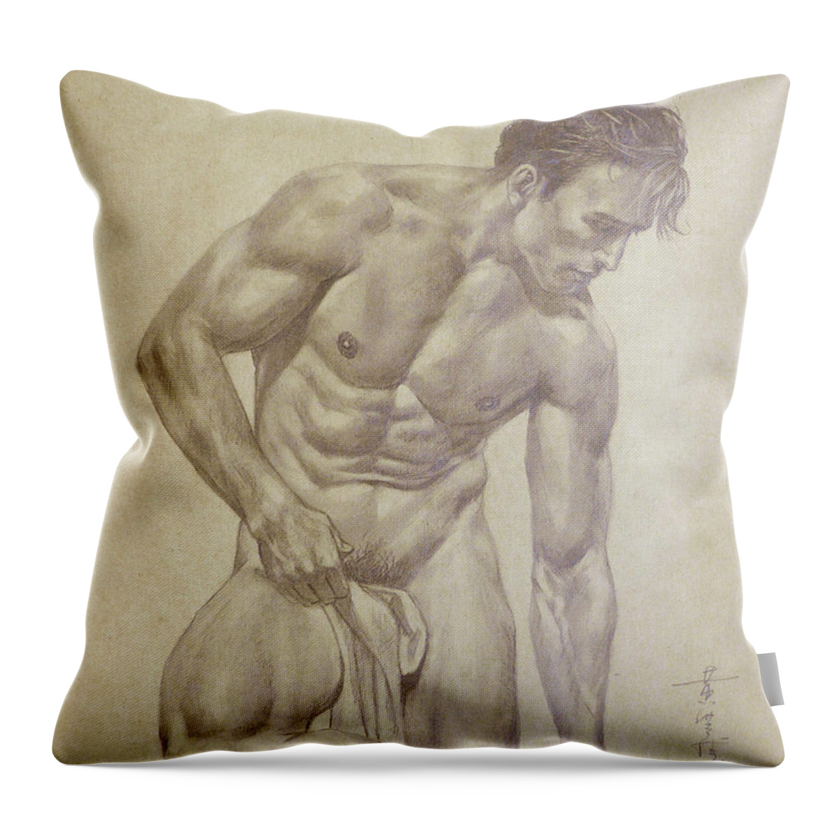 Original Art Throw Pillow featuring the drawing Original Artwork Pencil Drawing Male Nude Man On Paper#16-6-16-06 by Hongtao Huang