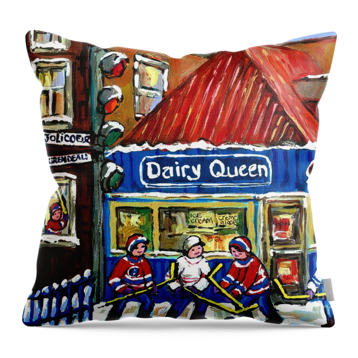 Dairy Queen Throw Pillow featuring the painting Original Canadian Hockey Art Paintings For Sale Snowfall At Dairy Queen Ville Emard Montreal Winter by Carole Spandau