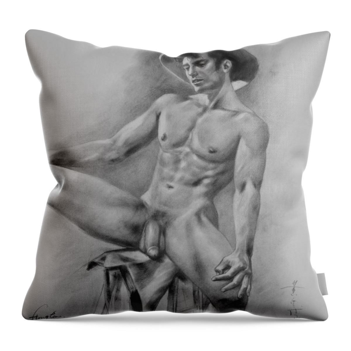 Original Art Throw Pillow featuring the drawing Original Drawing Charcoal Art Male Nude Men Gay Interest Cowboy On Paper #11-16-06 by Hongtao Huang