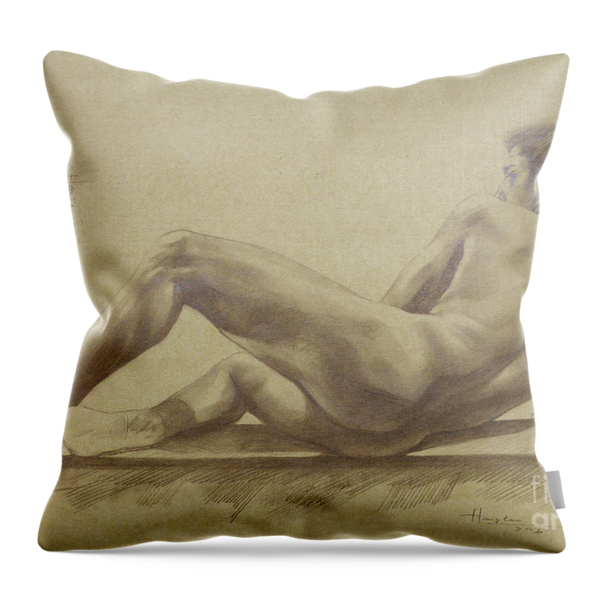 Original Art Throw Pillow featuring the drawing Original Drawing Male Nude Pencil On Paper #16-6-1 by Hongtao Huang