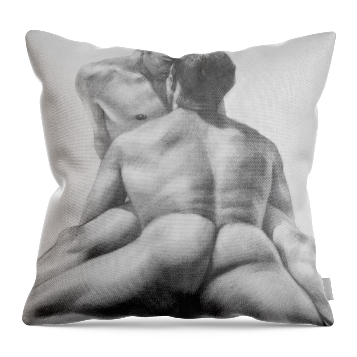 Original Art Throw Pillow featuring the painting Original Drawing Sketch Charcoal Male Nude Gay Interest Man Art Pencil On Paper -0028 by Hongtao Huang