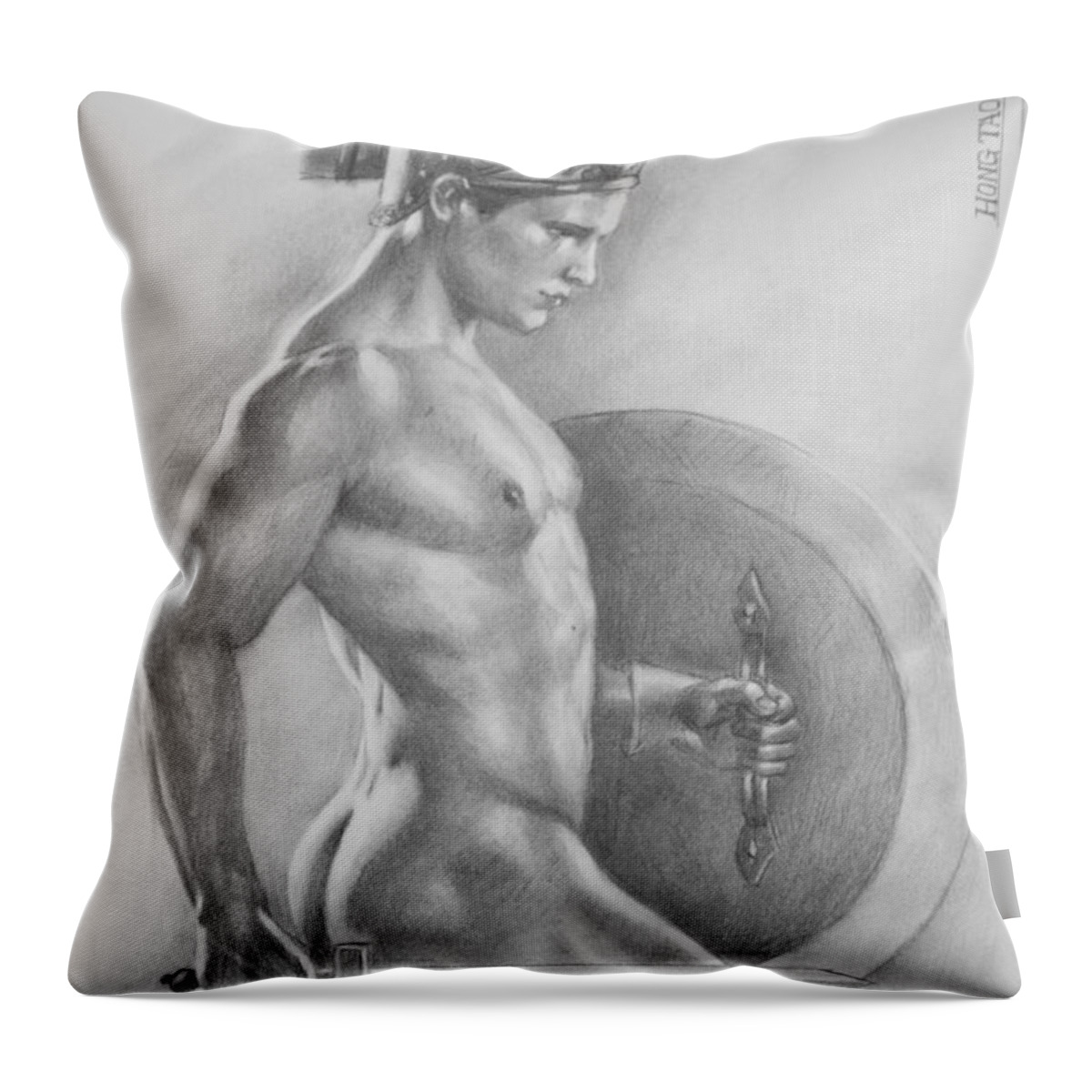 Original Sketch Throw Pillow featuring the painting Original Drawing Sketch Charcoal Male Nude Gay Man Art Pencil On Paper-073 by Hongtao Huang