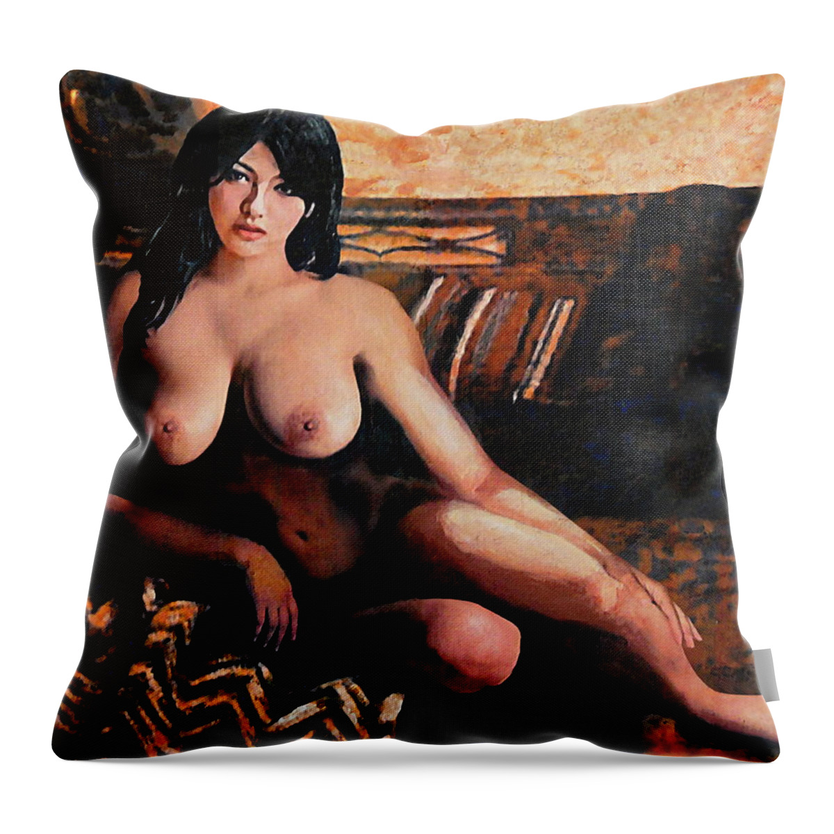 Original Female Nude Nudes Goddess Sitting Seated Acrylic Oil Painting Paintings Throw Pillow featuring the painting Original Female Nude Goddess Eirene II Seated by G Linsenmayer