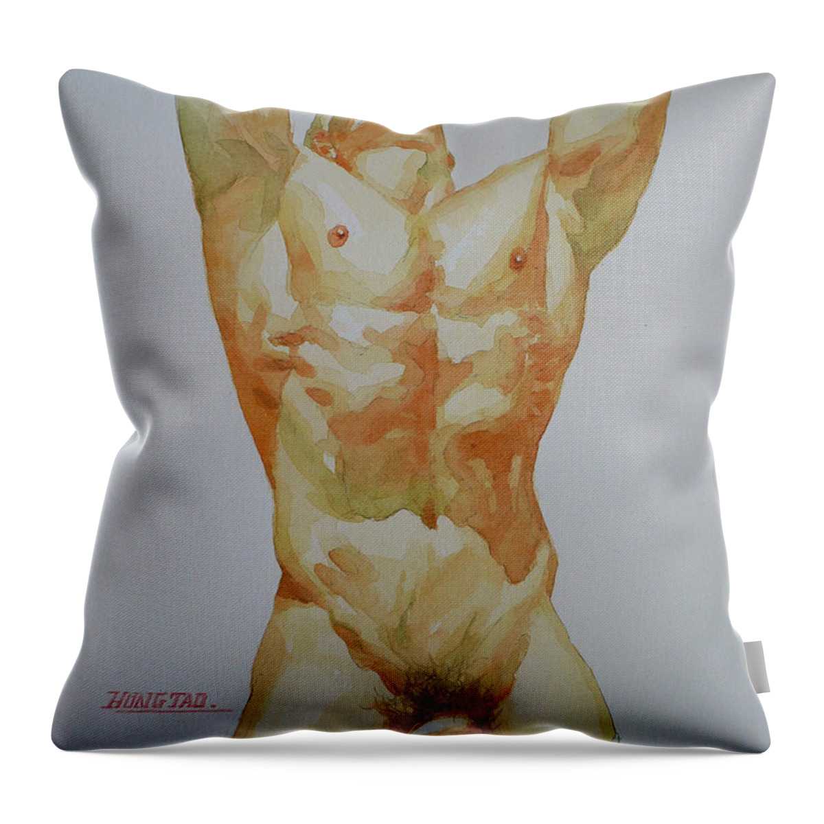 Original Art Throw Pillow featuring the painting Original Watercolor Painting Art Male Nude Men Gay Interest On Paper #12-30-02 by Hongtao Huang