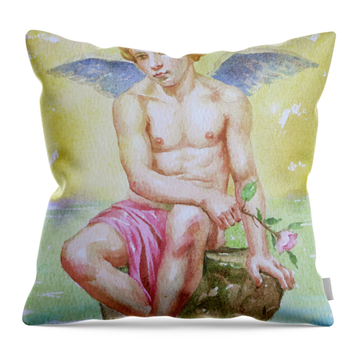 Watercolour Throw Pillow featuring the drawing Original Watercolour Angel Of Nude Boy On Paper#16-11-2-01 by Hongtao Huang