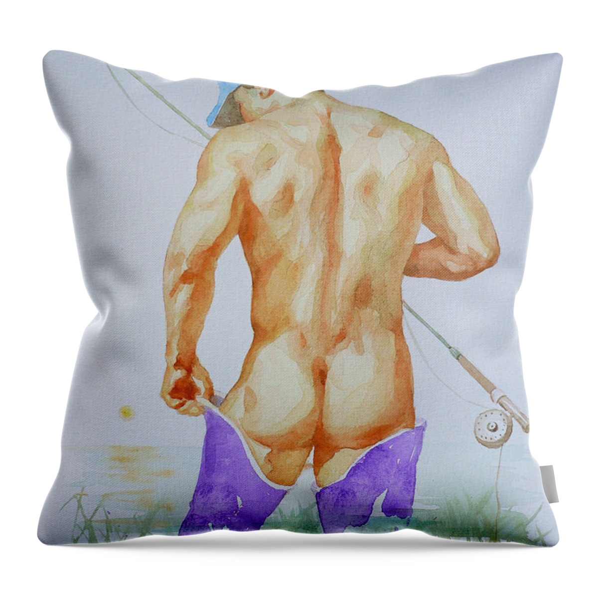 Watercolour Painting Throw Pillow featuring the painting Original Watercolour Painting Art Male Nude#20202089 by Hongtao Huang