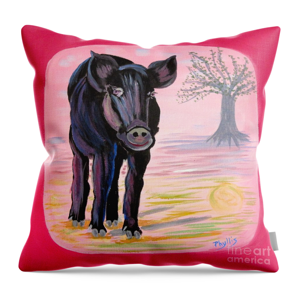 Little Black Throw Pillow featuring the painting Orphaned tiny Pig Adopted By Black Calf Story by Phyllis Kaltenbach