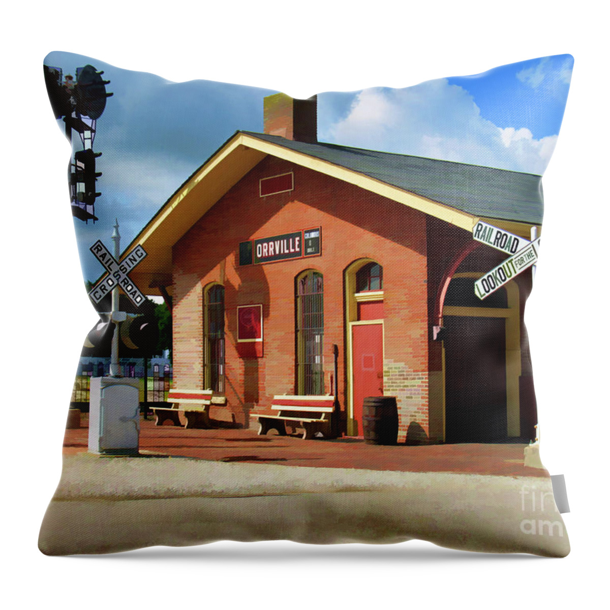 Orrville Ohio Throw Pillow featuring the photograph Orrville Train Station by Roberta Byram