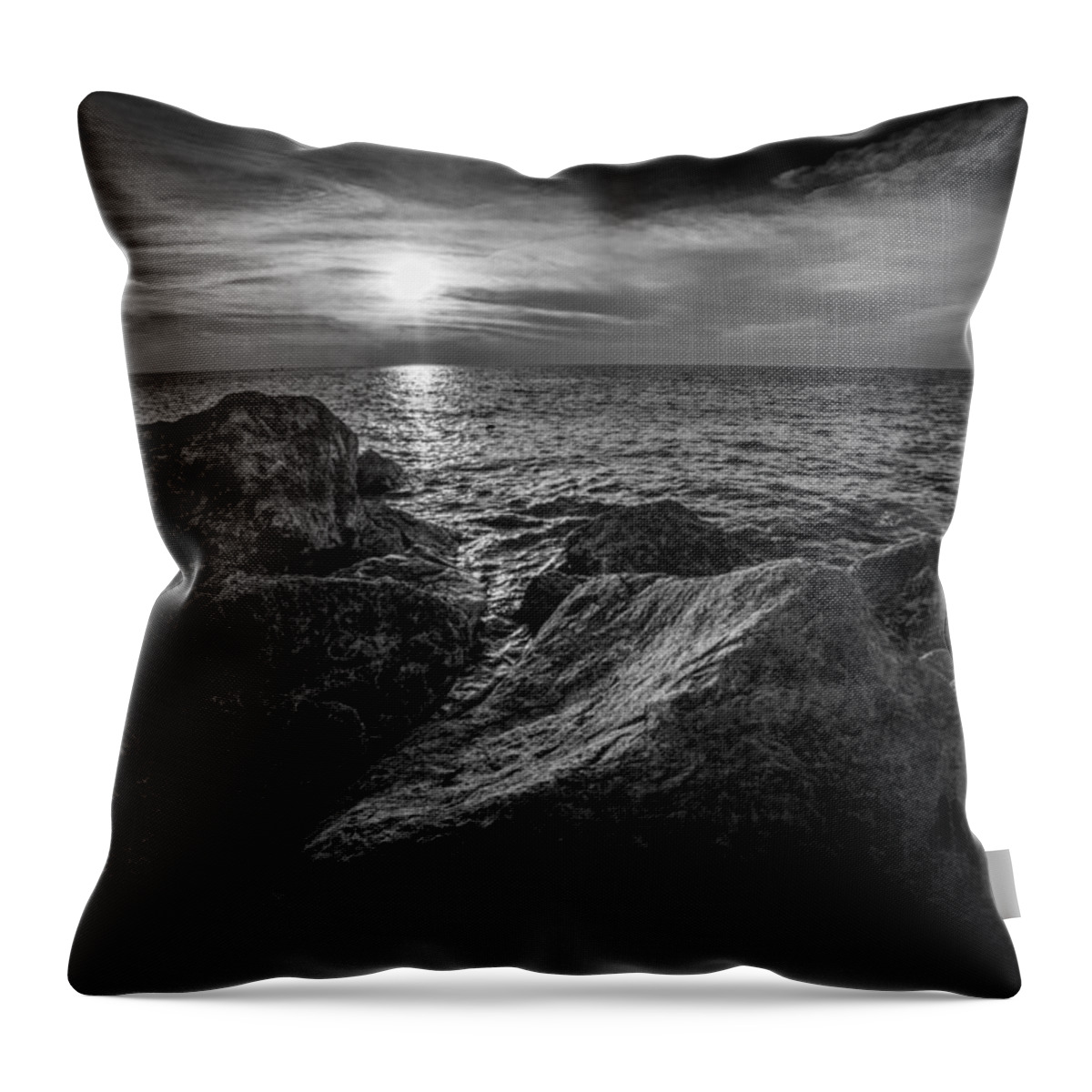 Sea Throw Pillow featuring the photograph Ottawa Beach Sunset in Black and White from the Channel Rocks by Randall Nyhof