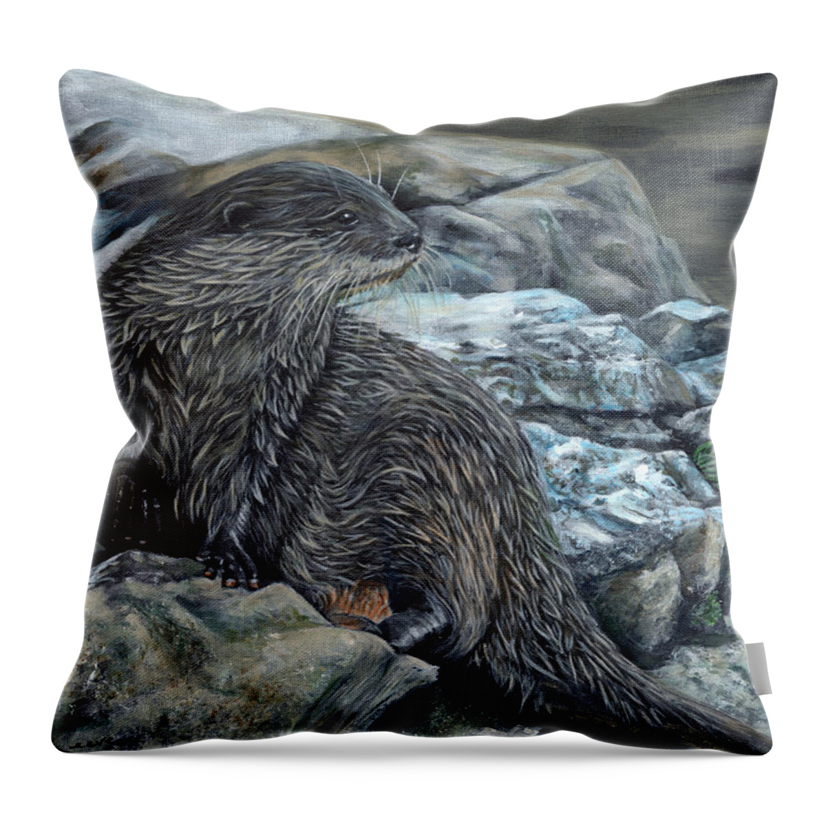 Otter Throw Pillow featuring the painting Otter on Rocks by John Neeve