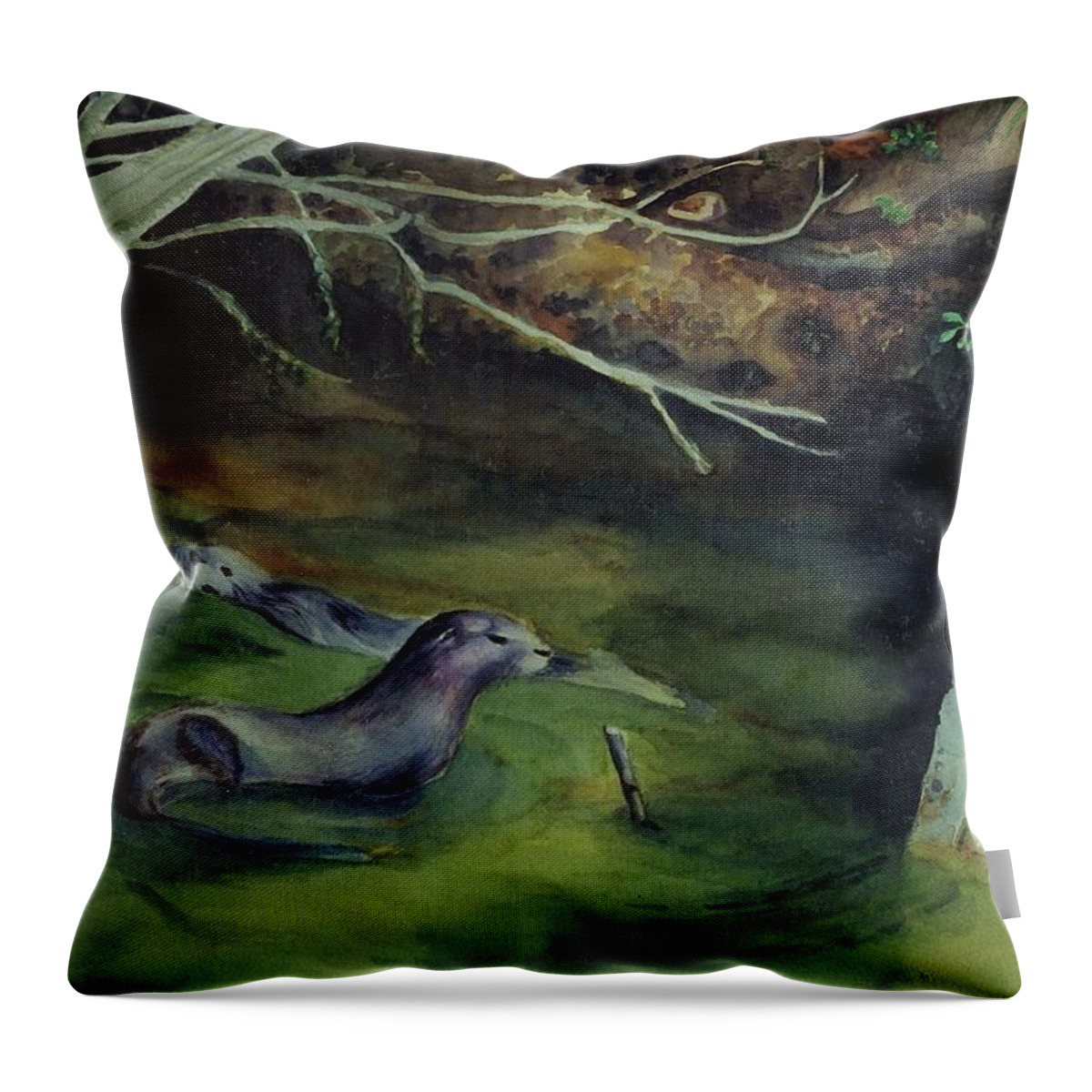 Otters Throw Pillow featuring the painting Otters in Dora Passage by Judy Swerlick