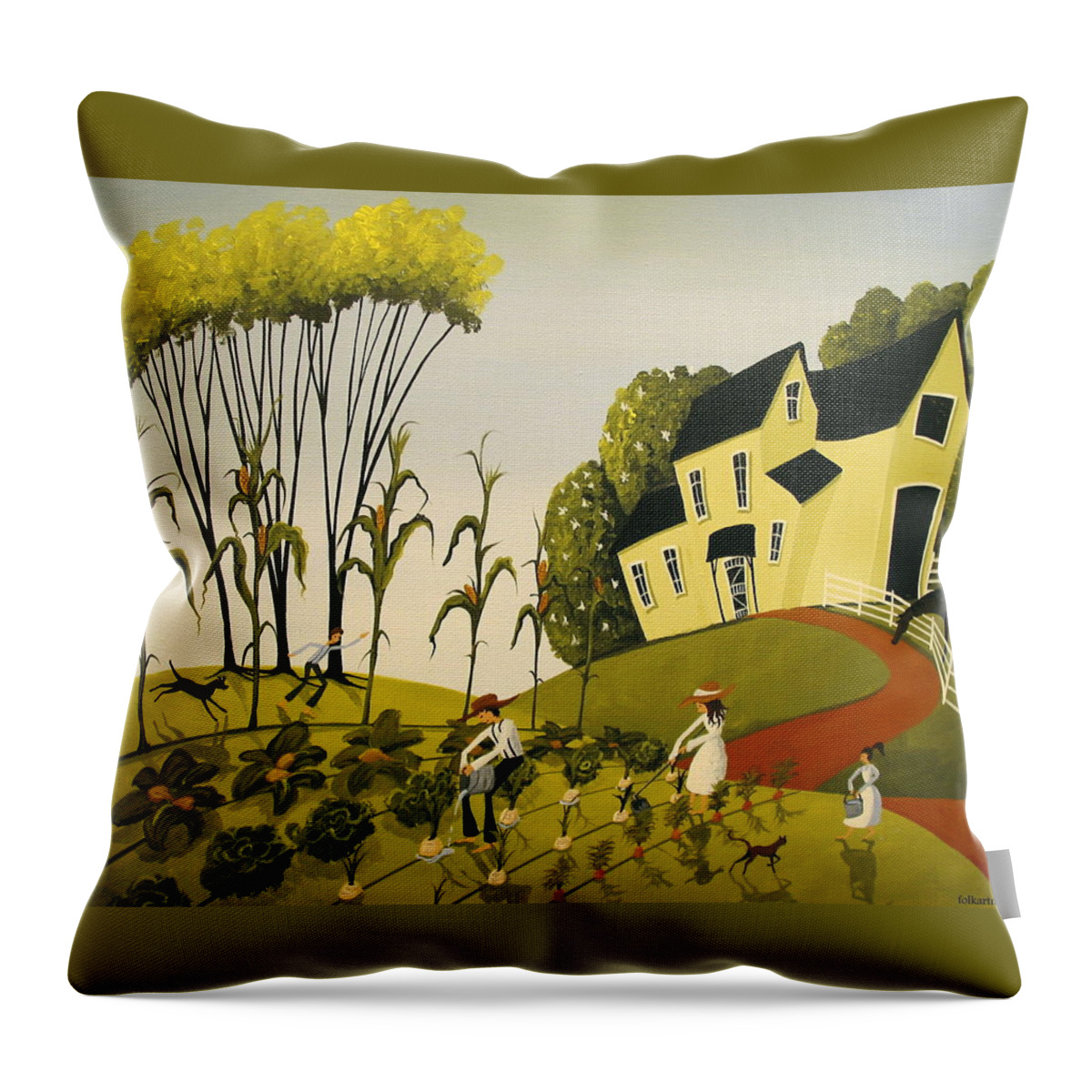 Folk Art Throw Pillow featuring the painting Our Greatest Garden Ever - a folkartmama orignal - folk art by Debbie Criswell