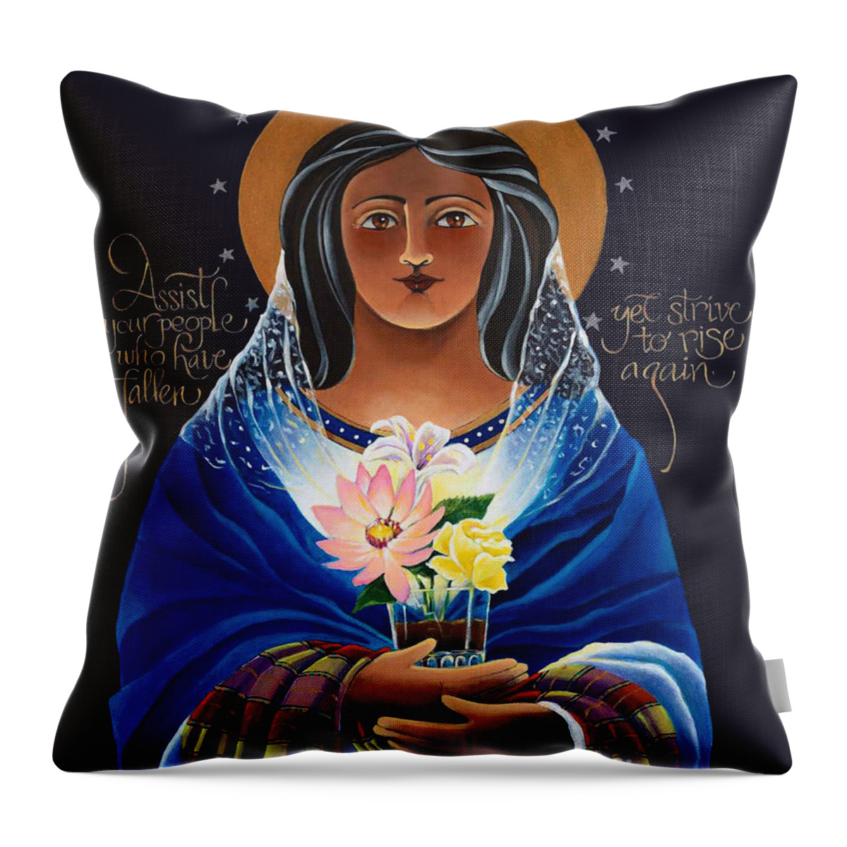 Our Lady Of Light: Help Of The Addicted Throw Pillow featuring the painting Our Lady of Light - Help of the Addicted - MMLOL by Br Mickey McGrath OSFS
