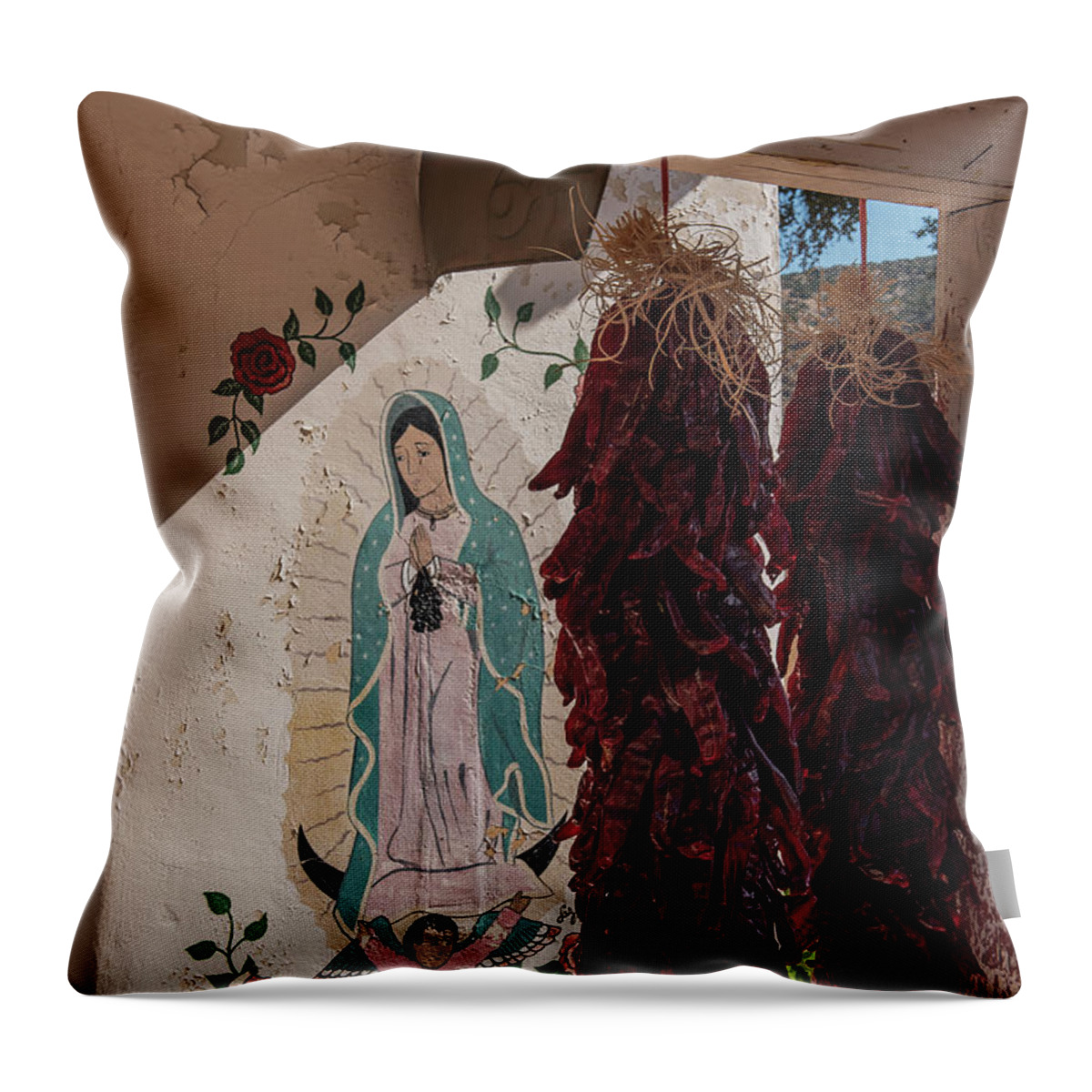 New Mexico Throw Pillow featuring the photograph Our Lady of the Chilies by Bill Roberts