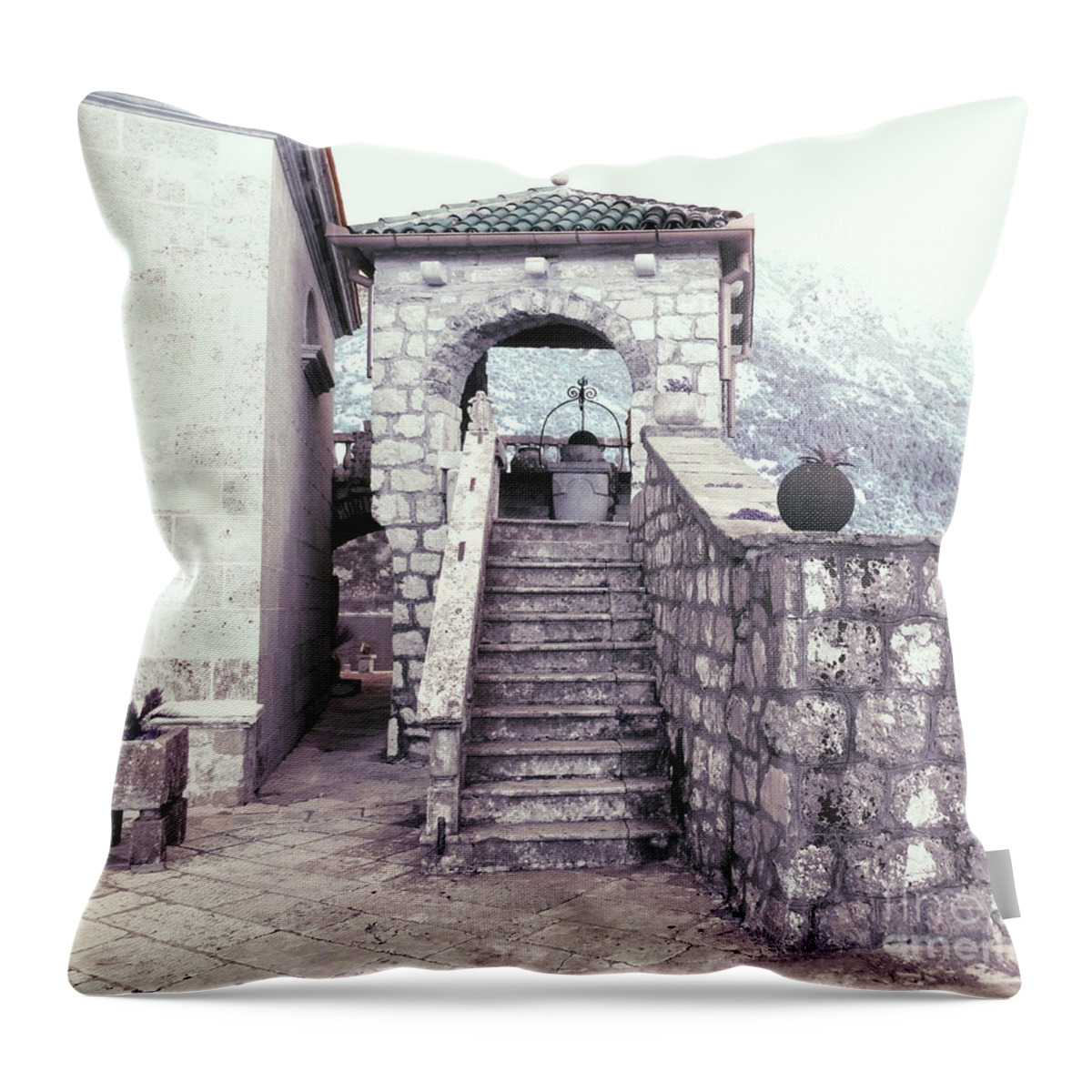 Staircase Throw Pillow featuring the digital art 		Our Lady Of The Rocks Staircase			 by Ann Johndro-Collins