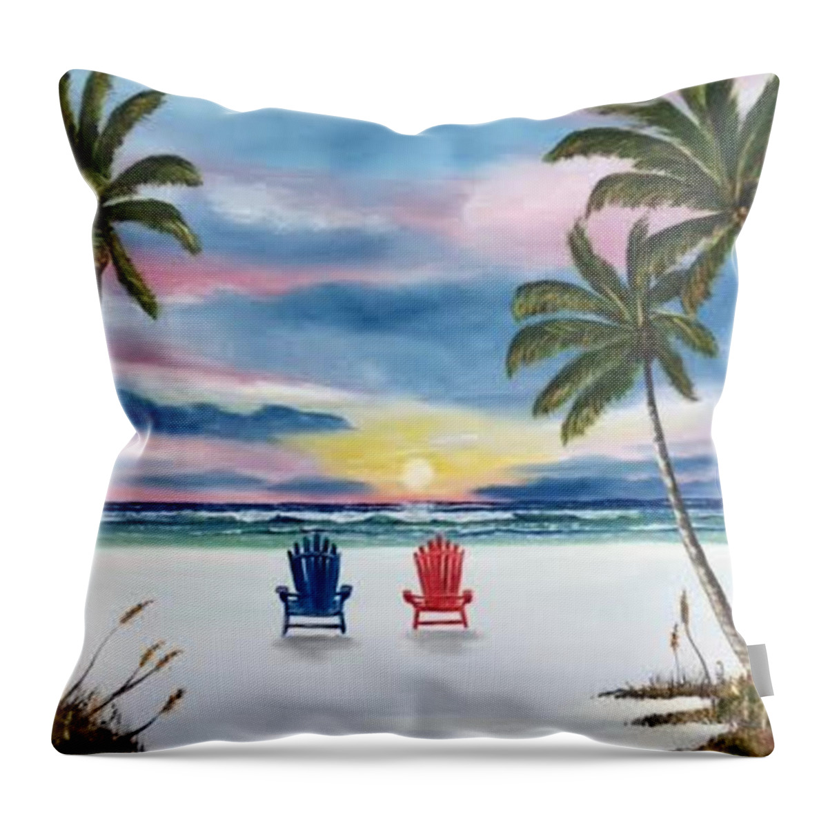 Adirondack Chairs Throw Pillow featuring the painting Our Spot At Sunset by Lloyd Dobson