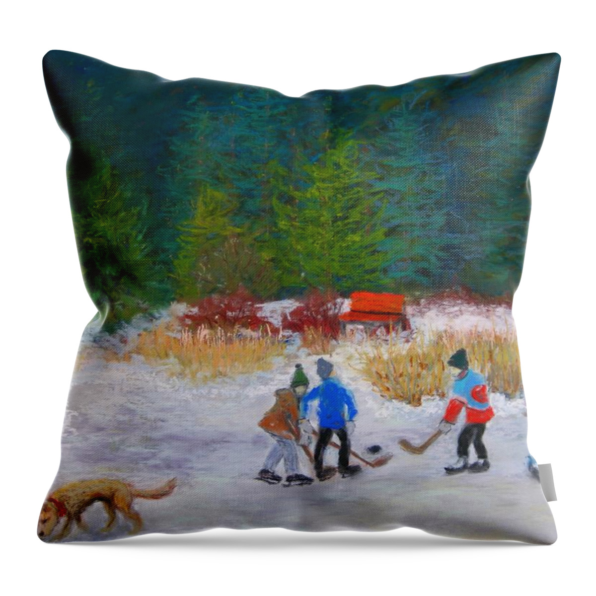 Ice Hockey Throw Pillow featuring the painting Outdoor Ice Hockey by Minaz Jantz