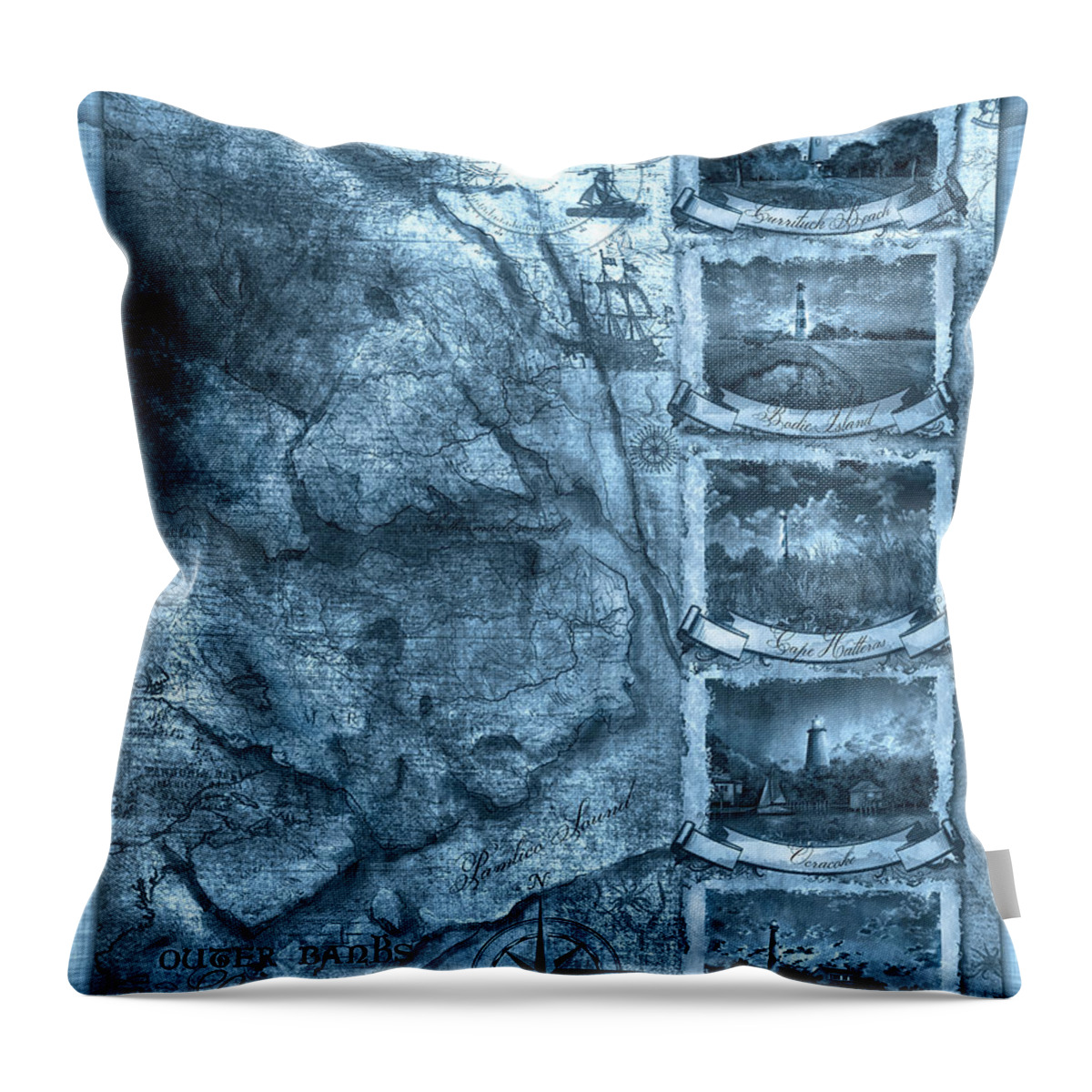 Lighthouse Throw Pillow featuring the painting Outer Banks Lightouse Map 2 by Bekim M
