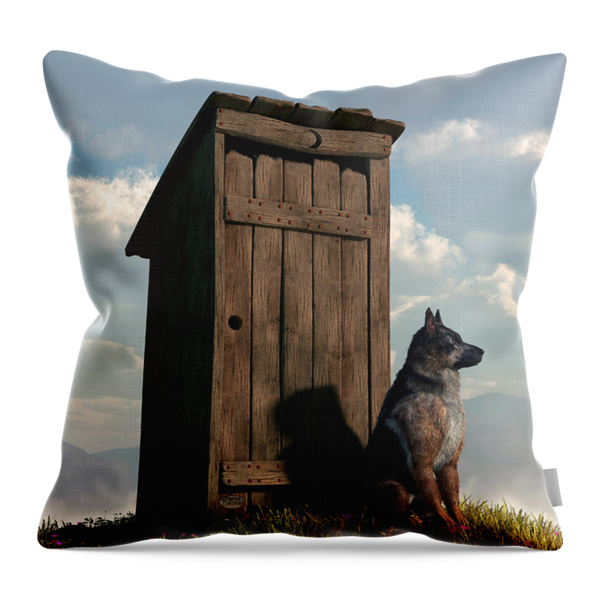 Dog Throw Pillow featuring the digital art Outhouse Guardian - German Shepherd Version by Daniel Eskridge