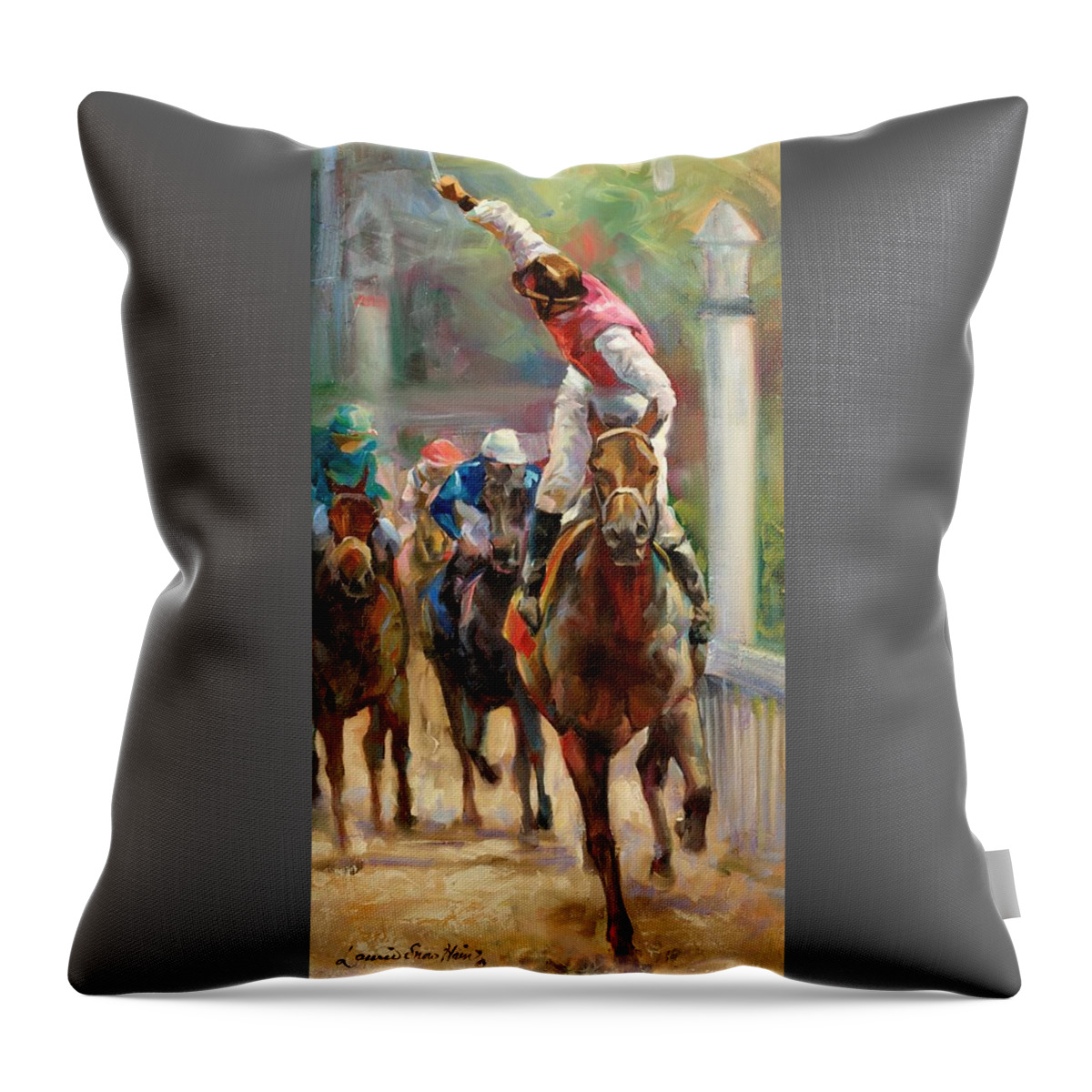 Horses Throw Pillow featuring the painting Over The Line by Laurie Snow Hein
