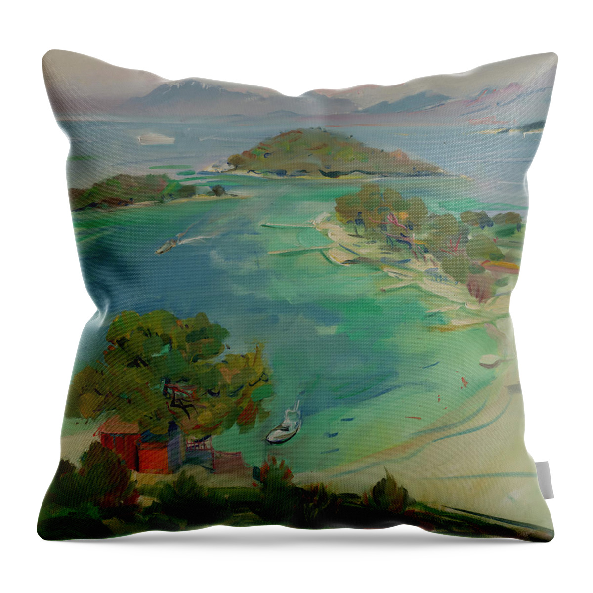 Overview Throw Pillow featuring the painting Overview of Ksamil, Saranda, Albania by Buron Kaceli