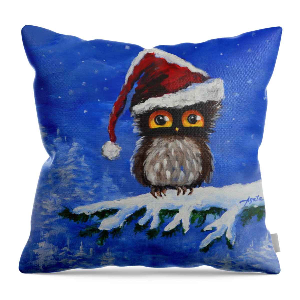 Owl Throw Pillow featuring the painting Owl be Home for Christmas by Agata Lindquist