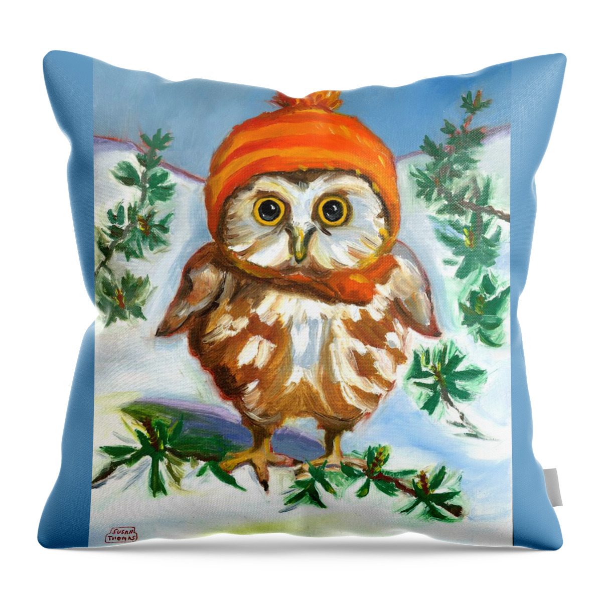 Owl Throw Pillow featuring the painting Owl in Orange Hat by Susan Thomas