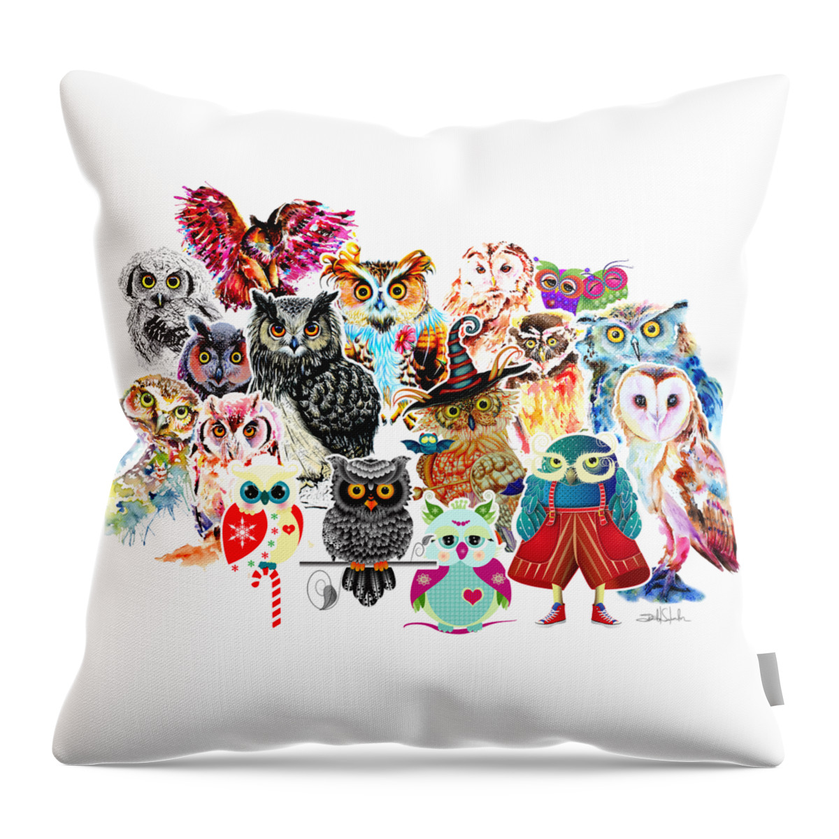 Bird Throw Pillow featuring the painting Owls Collage By Isabel Salvador by Isabel Salvador